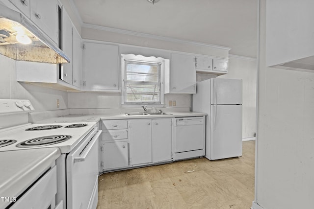 1402 Tarleton Ave, Burlington, NC 27215 - kitchen featuring white appliances, under cabinet range hood, ornamental molding, light countertops, and white cabinets