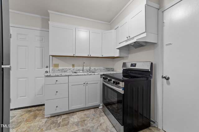807 New St, Graham, NC 27253 - kitchen with stainless steel range with electric cooktop, under cabinet range hood, ornamental molding, white cabinets, and light stone finish flooring