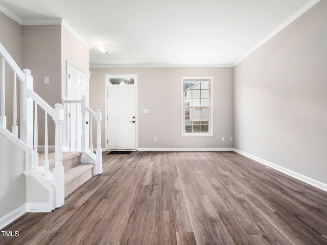 5505 Crabtree Park Ct, Raleigh, NC 27612 - entryway featuring wood finished floors, stairway, and crown molding