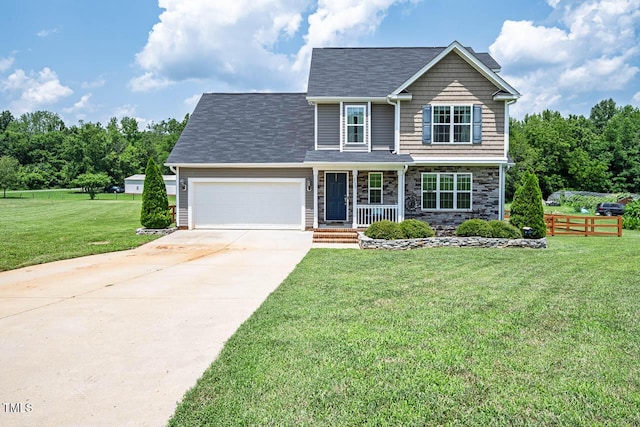 3128 Bramblegate Dr, Mebane, NC 27302 - view of front facade with a garage, concrete driveway, a porch, and stone siding