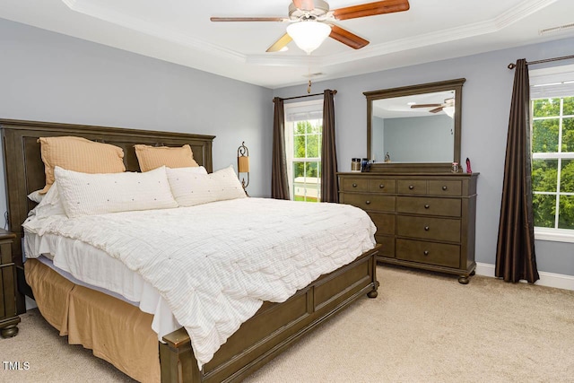 3128 Bramblegate Dr, Mebane, NC 27302 - bedroom with a raised ceiling, light carpet, ornamental molding, and ceiling fan