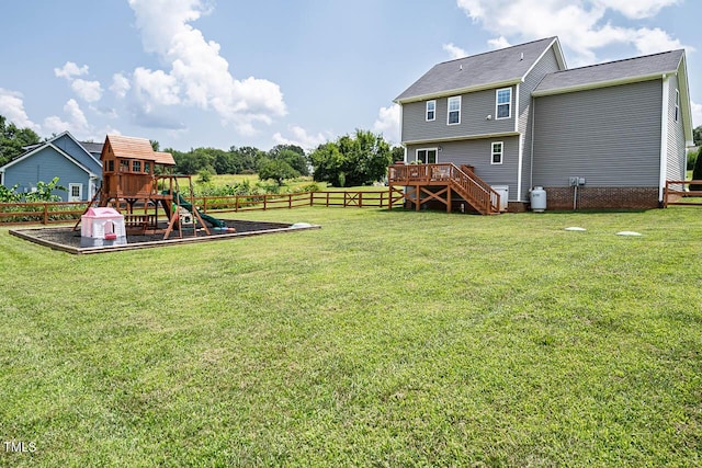 3128 Bramblegate Dr, Mebane, NC 27302 - fenced backyard with a playground, a deck, and stairway