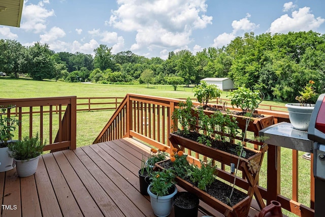 3128 Bramblegate Dr, Mebane, NC 27302 - deck with a yard, a vegetable garden, and a storage shed