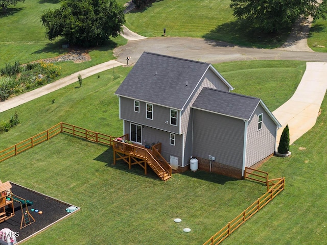 3128 Bramblegate Dr, Mebane, NC 27302 - back of property featuring a deck, roof with shingles, and stairway