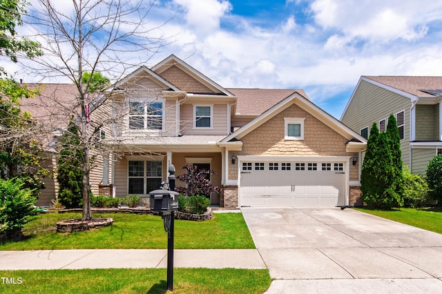 1320 Cozy Oak Ave, Cary, NC 27519 - craftsman house with a front yard, concrete driveway, a garage, and brick siding