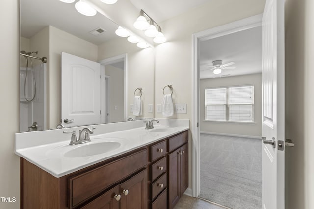 1320 Cozy Oak Ave, Cary, NC 27519 - full bath with double vanity, a ceiling fan, and tile patterned floors