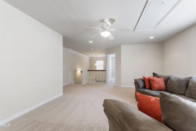 1320 Cozy Oak Ave, Cary, NC 27519 - living area featuring attic access, ceiling fan, light carpet, and recessed lighting