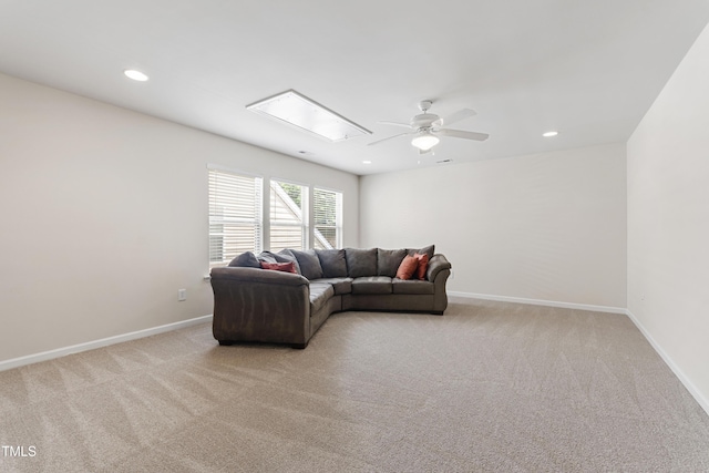 1320 Cozy Oak Ave, Cary, NC 27519 - living room featuring light colored carpet, a ceiling fan, and recessed lighting
