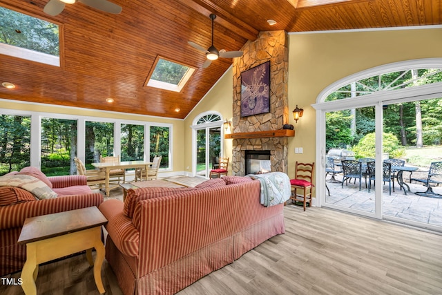 9009 Hometown Dr, Raleigh, NC 27615 - living area with a ceiling fan, a wooden ceiling with exposed beams, a skylight, plenty of natural light, and high vaulted ceiling