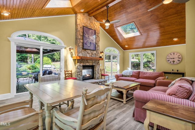 9009 Hometown Dr, Raleigh, NC 27615 - living room featuring a skylight, a wood ceiling with exposed beams, ceiling fan, a stone fireplace, and light wood finished floors