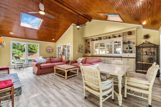 9009 Hometown Dr, Raleigh, NC 27615 - dining room featuring a skylight, a wooden ceiling with exposed beams, ceiling fan, light wood-type flooring, and high vaulted ceiling