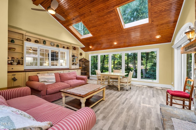 9009 Hometown Dr, Raleigh, NC 27615 - living room with wood ceiling, a skylight, high vaulted ceiling, ceiling fan, and light wood-style flooring