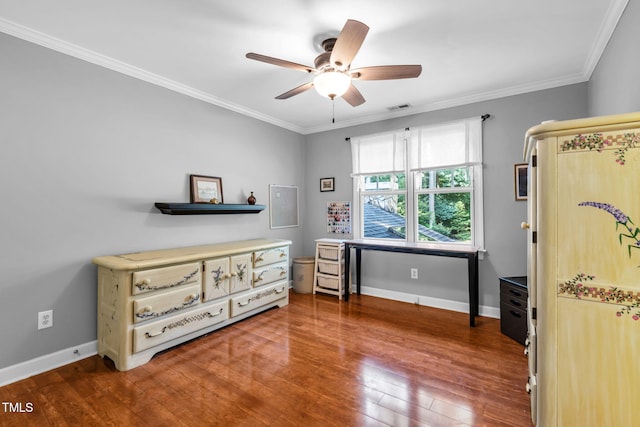 9009 Hometown Dr, Raleigh, NC 27615 - bedroom featuring hardwood / wood-style flooring, ornamental molding, and ceiling fan
