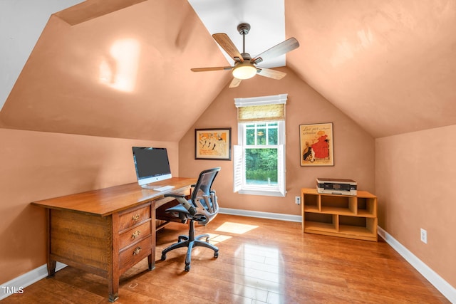 9009 Hometown Dr, Raleigh, NC 27615 - office area with wood finished floors, ceiling fan, and lofted ceiling