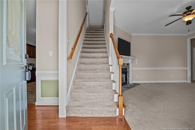 34 Westchester Ln, Angier, NC 27501 - staircase featuring a ceiling fan, crown molding, a fireplace, and carpet