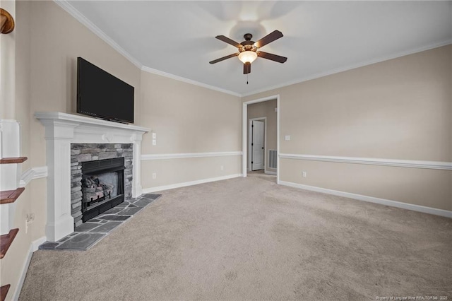 34 Westchester Ln, Angier, NC 27501 - unfurnished living room featuring ceiling fan, carpet floors, a fireplace, and ornamental molding