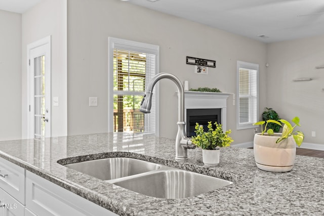 40 Cinnamon Teal Way, Youngsville, NC 27596 - kitchen with light stone countertops, white cabinetry, and a fireplace