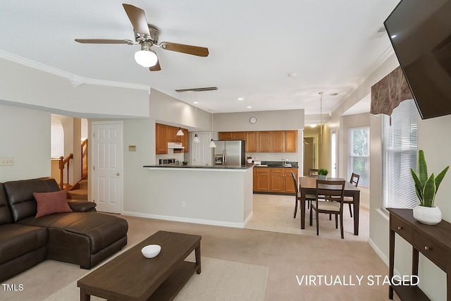 3610 Long Ridge Rd, Durham, NC 27703 - living room featuring a ceiling fan, light colored carpet, stairs, and crown molding