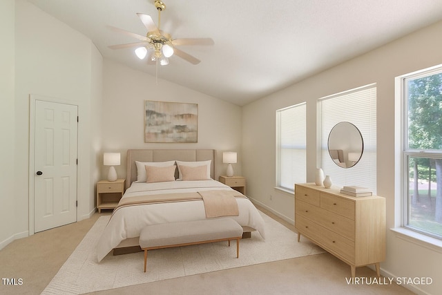 3610 Long Ridge Rd, Durham, NC 27703 - bedroom with light carpet, lofted ceiling, multiple windows, and a ceiling fan