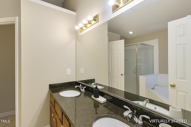 3610 Long Ridge Rd, Durham, NC 27703 - bathroom with a shower stall, double vanity, a garden tub, and tile patterned floors