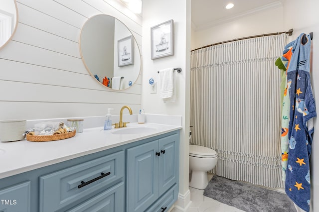 305 Maddux Dr, Pikeville, NC 27863 - full bathroom with vanity, ornamental molding, curtained shower, and marble look tile flooring
