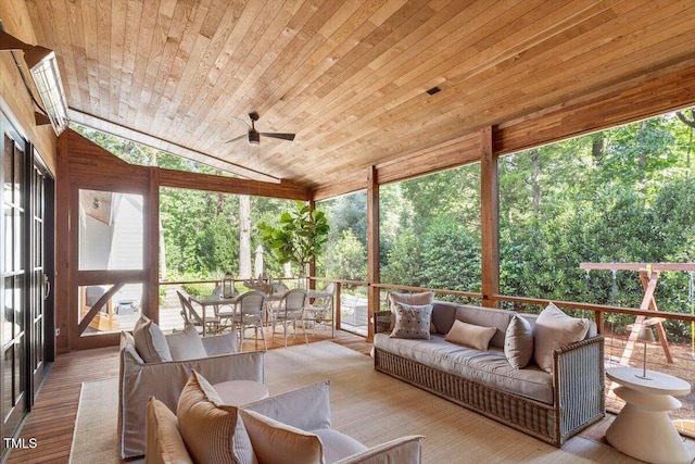 1054 Canterbury Ln, Chapel Hill, NC 27517 - sunroom / solarium featuring an outdoor hangout area, ceiling fan, outdoor dining area, and vaulted ceiling