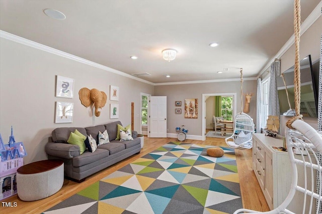 1054 Canterbury Ln, Chapel Hill, NC 27517 - living area with light wood-type flooring, recessed lighting, and crown molding
