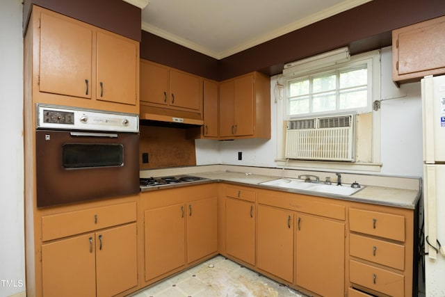 3204 Friar Tuck Rd, Raleigh, NC 27610 - kitchen with oven, stainless steel stovetop, under cabinet range hood, ornamental molding, and light countertops