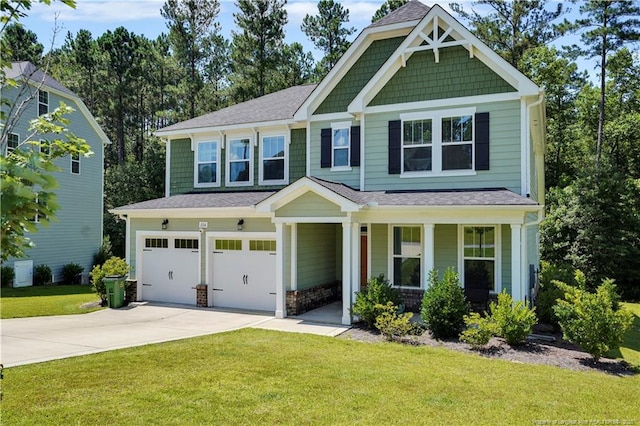 116 School Side Dr, Spring Lake, NC 28390 - craftsman inspired home featuring an attached garage, concrete driveway, a porch, a front lawn, and a shingled roof