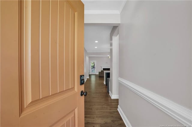 116 School Side Dr, Spring Lake, NC 28390 - hallway featuring dark wood-style flooring, ornamental molding, and recessed lighting