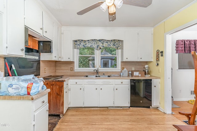 612 Locust Ln, Raleigh, NC 27603 - kitchen featuring dishwasher, tasteful backsplash, a ceiling fan, white cabinets, and ornamental molding