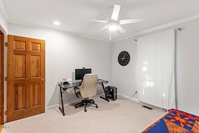 701 Bennington Dr, Raleigh, NC 27615 - carpeted home office featuring crown molding and ceiling fan