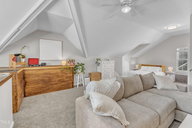 3119 Guiding Light Rd, Raleigh, NC 27610 - carpeted bedroom with vaulted ceiling and a ceiling fan