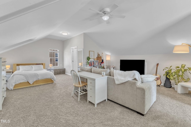 3119 Guiding Light Rd, Raleigh, NC 27610 - bedroom featuring lofted ceiling, light carpet, a desk, and ceiling fan