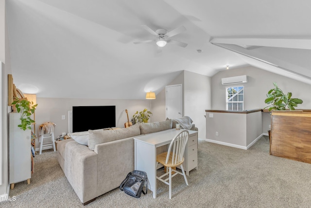 3119 Guiding Light Rd, Raleigh, NC 27610 - carpeted living area featuring a wall mounted air conditioner, vaulted ceiling, and a ceiling fan