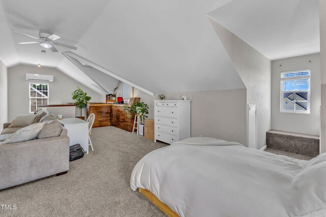 3119 Guiding Light Rd, Raleigh, NC 27610 - bedroom with a wall mounted AC, carpet, and vaulted ceiling