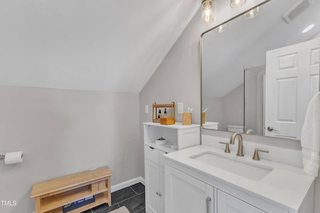 3119 Guiding Light Rd, Raleigh, NC 27610 - full bathroom featuring lofted ceiling, vanity, tile patterned flooring, and a shower with door