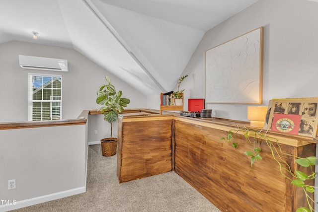 3119 Guiding Light Rd, Raleigh, NC 27610 - corridor featuring an AC wall unit, carpet, and vaulted ceiling