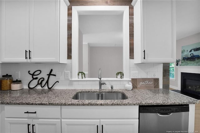 786 Century Dr, Cameron, NC 28326 - kitchen featuring dishwasher, white cabinetry, tasteful backsplash, and light stone countertops