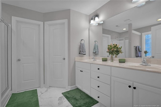 786 Century Dr, Cameron, NC 28326 - full bathroom featuring a shower stall, marble look tiles, and double vanity