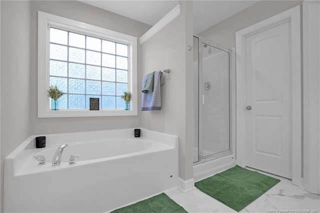 786 Century Dr, Cameron, NC 28326 - full bathroom featuring a shower stall, a garden tub, and marble look tile flooring
