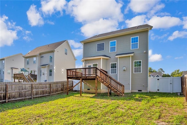 786 Century Dr, Cameron, NC 28326 - rear view of property featuring stairs, a wooden deck, a gate, a fenced backyard, and crawl space