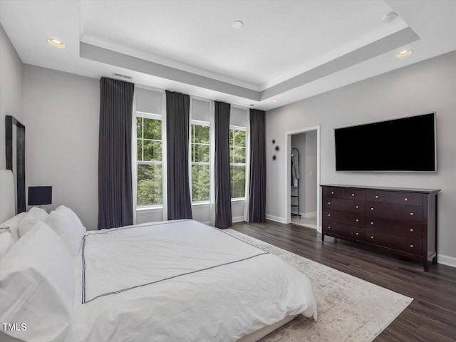 128 Chapel Run Way, Chapel Hill, NC 27517 - bedroom featuring a tray ceiling, dark wood-type flooring, recessed lighting, and crown molding