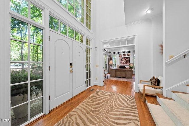 2602 Vintage Hill Ct, Durham, NC 27712 - foyer with wood-type flooring, a high ceiling, stairway, and crown molding