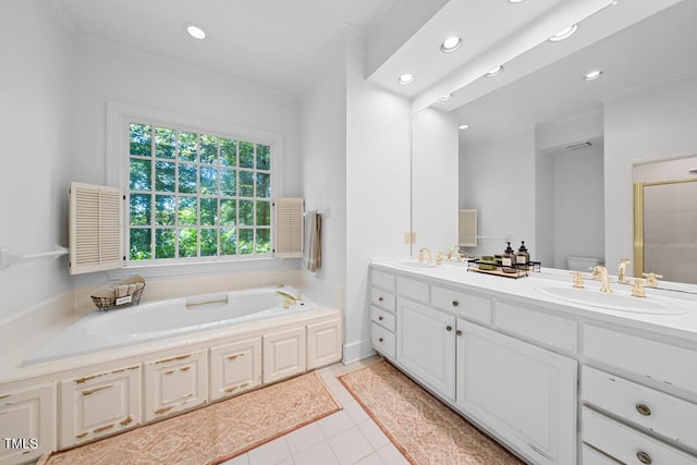 2602 Vintage Hill Ct, Durham, NC 27712 - full bathroom with double vanity, a bath, tile patterned floors, recessed lighting, and an enclosed shower