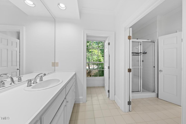 2602 Vintage Hill Ct, Durham, NC 27712 - bathroom with vanity, a shower stall, tile patterned floors, ornamental molding, and recessed lighting