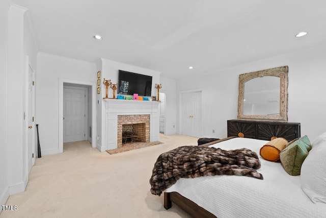 2602 Vintage Hill Ct, Durham, NC 27712 - bedroom with carpet floors, recessed lighting, and a fireplace with flush hearth