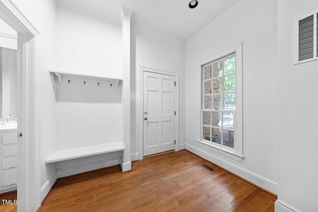 2602 Vintage Hill Ct, Durham, NC 27712 - mudroom with ornamental molding and wood finished floors