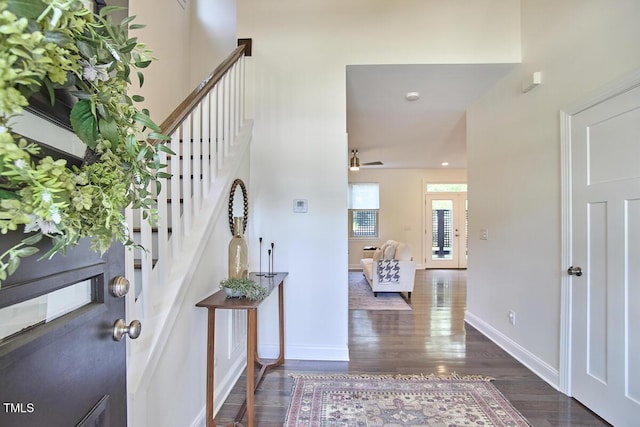 931 Ramseur St, Durham, NC 27701 - entrance foyer featuring stairs, dark wood finished floors, and ceiling fan