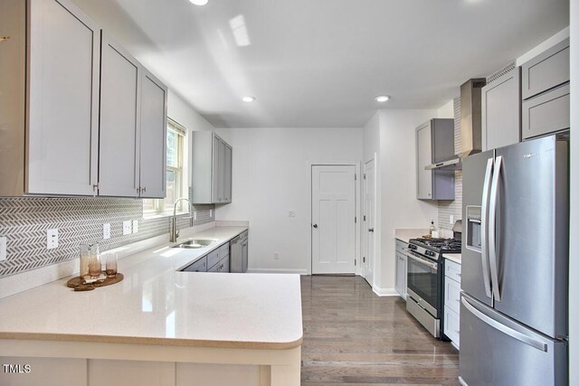 931 Ramseur St, Durham, NC 27701 - kitchen with appliances with stainless steel finishes, gray cabinetry, backsplash, recessed lighting, and dark wood-type flooring